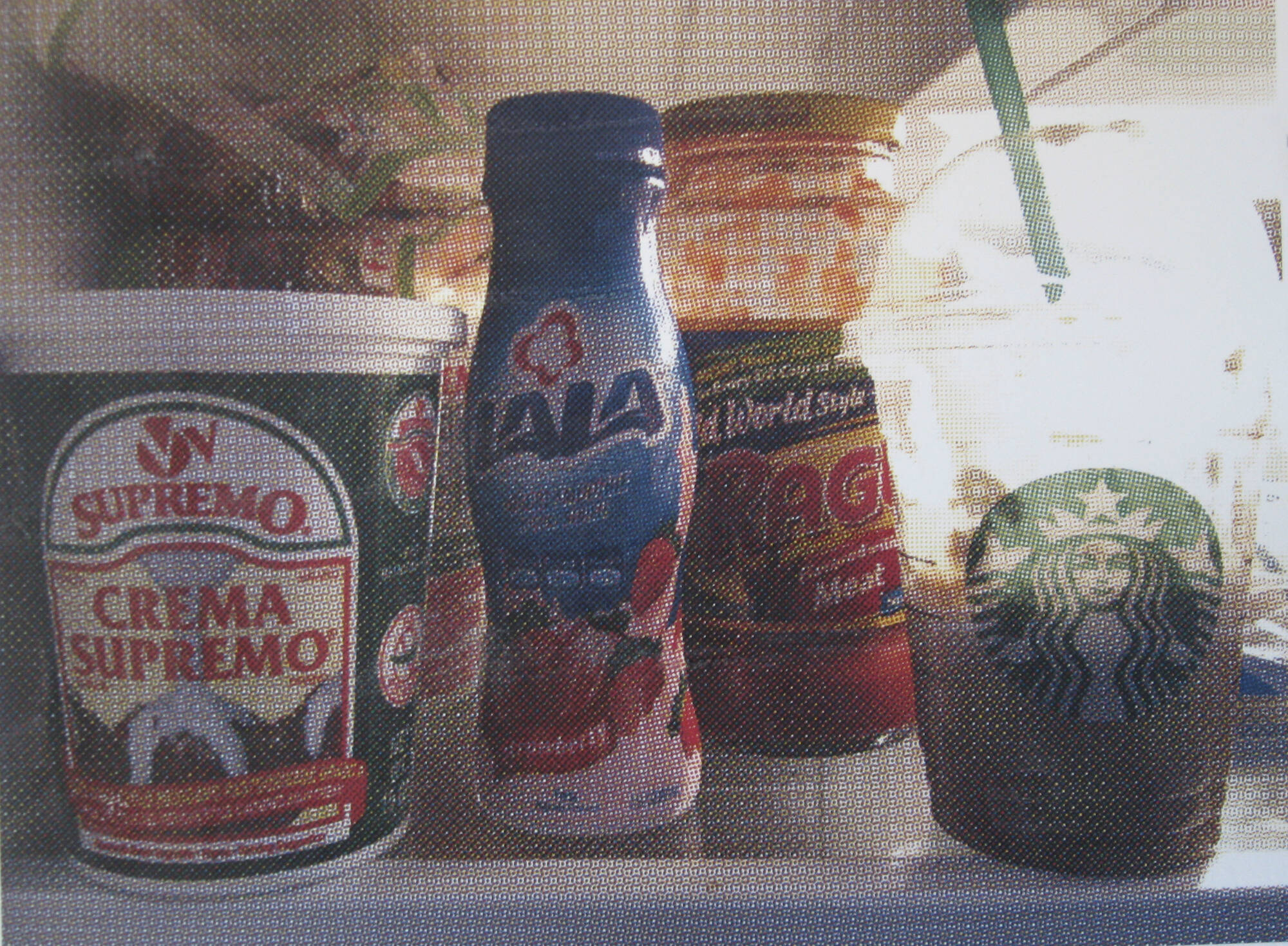 Color photograph of food in a fridge behind a screen.
